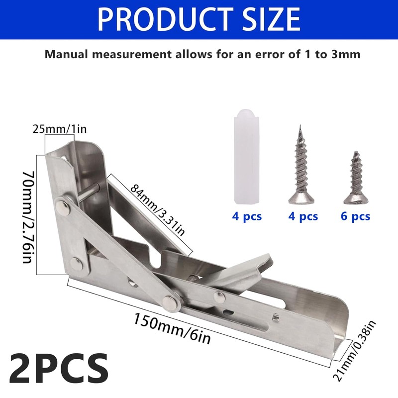 ZHMEINA Folding Shelf Brackets 6 Inch, Heavy Duty Stainless Steel