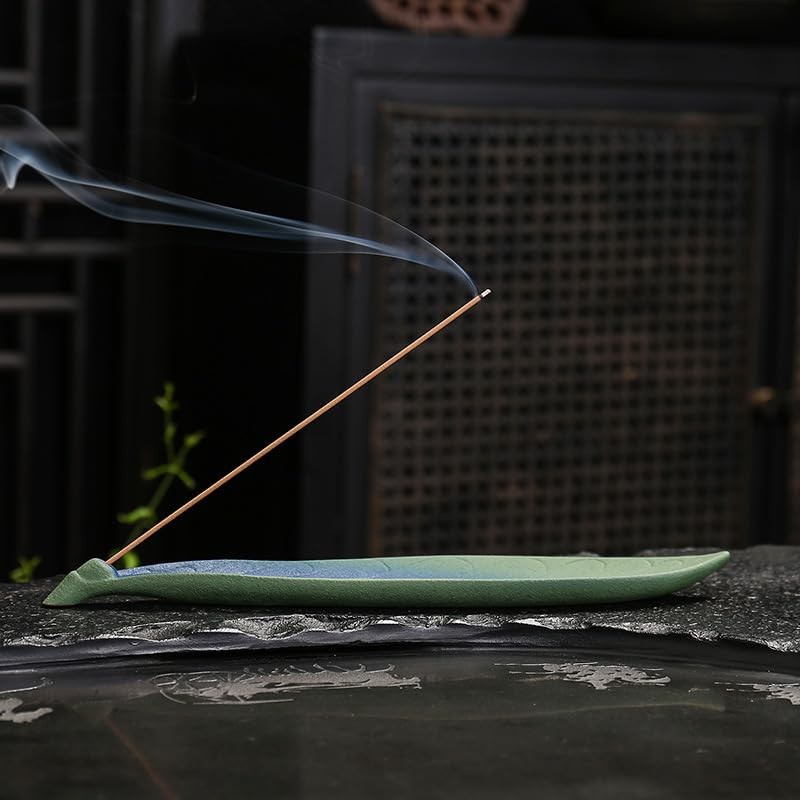 Ceramic Retro Leaf Incense Holder - Frosted Green Aromatherapy Stick