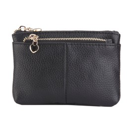 Women Genuine Leather Zip Mini Coin Purse with Key Ring Triple Zipper Card Holder Wallet (Black)
