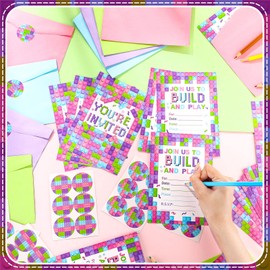 Colarr 24 Set Girls Pink Building Blocks Birthday Party Invitations, Girls Block Bricks Invitation Cards with Envelopes Sticker Labels for 24 Guests Birthday Invitations for Girls Party Supplies
