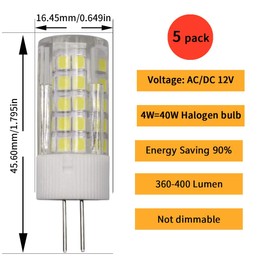 G4 12V LED Light Bulbs, 4W (40w Halogen Equivalent) Daylight White 6000k, 400 Lumen, AC DC G4 JC Bi-Pin Base Bulb Energy Saving for Home and Landscape Lighting (Pack of 5)