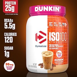 Dymatize x Dunkin' Cappuccino ISO100 Whey Protein Powder, 95mg Caffeine, 25g of Protein5.5g BCAAs, 120 Cal., Gluten Free, 1g Fat, 1g Sugar, 2g Carb (2