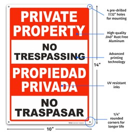 Brimar - 10" x 14" - Bilingual Private Property No Trespassing Sign - .040″ Rust-Free Aluminum - Bold Text And Symbol - Easy Installation, Red