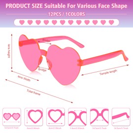NACHLYNN 12 Pcs Rose Red Heart Sunglasses for Women Rimless Heart Shaped Sunglasses Transparent Candy Color Heart Glasses for Party Favors