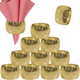 12 Pack Gold Napkin Rings, Checked Circle Napkin Ring, Serviette Buckle Holder for Wedding Celebration Easter Romantic Candlelit Banquet Festival Decoration (Plaid Pattern)