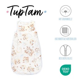TupTam Baby Sleeping Bag 2.5 Tog - Oeko-Tex All-Year Sleeping Bag Children with Side Zip, Sleeveless, Beige animals on clouds / beige