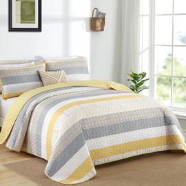 DJY Striped Quilt Set King Size, Yellow and Grey Boho Bedspread Coverlet Set 3 Pieces Lightweight Soft Microfiber Patchwork Quilt Bedding Set for All Season (104"x90")