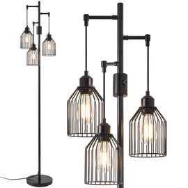 A1A9 Dimmable Farmhouse Floor Lamp for Living Room, Industrial Tree Floor Lamp with Elegant Hanging Cage, 3 x LED Edison Bulbs Included, 68.5" Tall Standing Lamp for Bedroom Office Home Decor (Black)