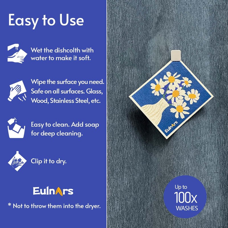 Eulnars 8-Pack Swedish Dish Cloth with 3 Clips, 9 Classified