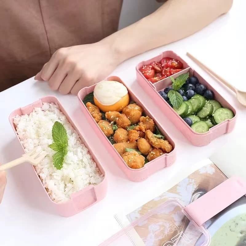 Mejiwasmi Portable Bento Box, 3-layers Lunch Box, 900ML Wheat Straw