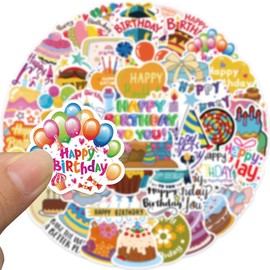 Happy Birthday Stickers, Cute Stickers, 50Pcs Kawaii Stickers Pack, Birthday Party Supplies, Funimost Vinyl Waterproof Stickers for Water Bottle Phone Guitar Laptop, Gift for Girls Kids Teens Adults (Birthday)