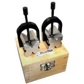 BLUEFOX TOOLS Steel Vee Block with Clamp Set - 2'' x 1/2'' x 1/2'' - Precision 90° Angle V-Blocks for Accurate Machining - Hardened Chrome Steel, Max Diameter 1-1/2'' - Includes Wooden Storage Box