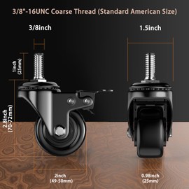 2 inch Casters Set of 4,Threaded Stem Caster Wheels - 3/8"-16 x 1(Stem Diameter 3/8",Stem Length 1"), Locking Swivel Polyurethane Wheels - Load 600lbs