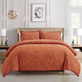 Sunshine Nicole Velvet Jacquard Comforter Set, Velvet Jacquard Face and Brushed Solid Microfiber Reverse, with Light Weight Soft Poly Fill, 3 Pieces Terracotta, Queen