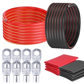HBU 1/0 Gauge Car Battery Cable Kit - 5.5 Feet Each, Black & Red - Copper Clad Aluminum Wire with Lugs & Tubes - Vehicle, Truck, RV, Solar Power Welding Cables