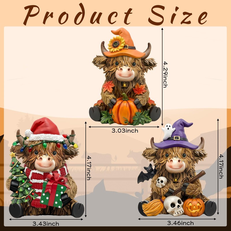 3 Pcs Highland Cow Decor Figurines, Seasonal Holiday Theme