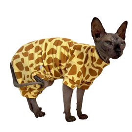Sphynx Cat Four Leg Cotton Pajamas Elastic Pet Clothes for Hairless Cat Surgery Recovery Suit Cat Undershirt Thermal Hairless Cat Clothes for Sphynx, Devon, Cornish (Giraffe, M (7-7.7 lbs))