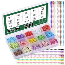 Keadic 200Pcs Ball Bead Chain, Colored Bead Key Chain, 2.4MM Metal Ball Chain Necklace Ball Beaded Chain with Connectors Dog Tag Metal Chain for Jewelry Making