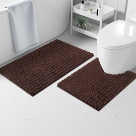 OLANLY Luxury Chenille Bath Mat, Extra Soft Thick Absorbent Shaggy Bathroom mat, Non-Slip Machine Wash Dry Plush Bath Mats for Bathroom, Shower, and Tub (24"x16", Brown)