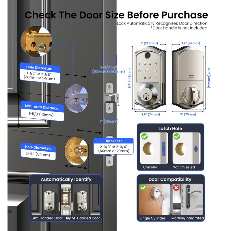 Veise Fingerprint Smart Door Lock, App Control, 7-in-1 Keyless Entry,