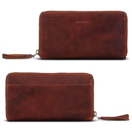 ROYALZ 'Helena' Vintage Leather Purse Women's Large Zip Many Compartments Purse Women's RFID Protection Purse Women Leather, Roma Cognac Brown, Vintage