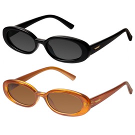 mosanana Retro Oval Sunglasses for Women 90s Small Trendy Fashion Vintage Narrow Thin Narrow Skinny Sun Glasses for Small Face Black and Brown MS52360