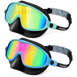 Vvinca Swim Goggles with Nose Cover, 2 Pack Wide View Mask Anti-Fog UV No Leak Toddlers Swimming Goggles for Kids 3-15 - Color: 01-black Green& Black Blue