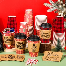 Houuqe 100 Sets Christmas 12 Oz Coffee Cups with Lids & Sleeves, Christmas Disposable To Go Paper Coffee Cups Xmas Hot Cocoa Drinking Cups for Winter Xmas Holiday Party Supplies, Hot/Cold Drinks