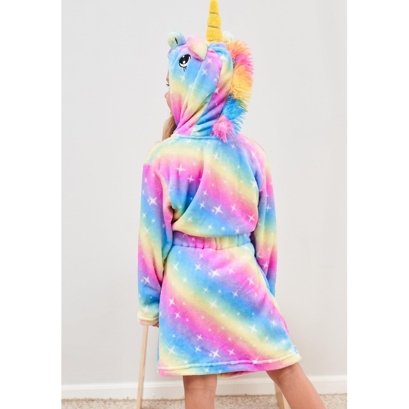Girls Unicorn Hooded Robe with Matching Slippers, Headband, Blindfold Rainbow