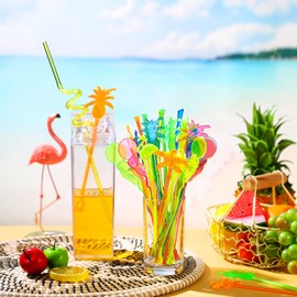 Willinglong 100 Assorted Tropical Swizzle Sticks Bar Cocktail Stirrers Luau Palm Tree Flamingo Fun Reusable Novelty Beverage Cocktail Margarita Tiki Drink Stirring Sticks for Birthday Wedding Party