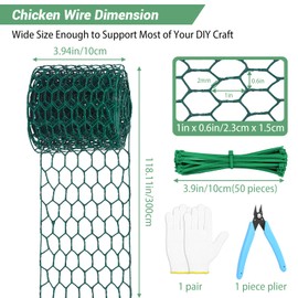 Floral Chicken Wire for Craft,4 x 118 Inch Lightweight Galvanized Hexagonal Chicken Wire Netting, 2mm Thickness Chicken Wire Fence for Garden Poultry, Chicken Wire Mesh with Gloves, Wire Ties, Plier