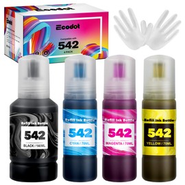 ecodot 542 Pigment Ink Refill Ink Bottle Replacement for Epson 542 Ink for Ecotank Used for Pro ET-5800 ET-5850 ET-5880 ET-16600 ET-16650 Printer (1 Black,1 Cyan,1 Magenta,1 Yellow, 4 Pack)