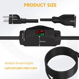 STARELO 2-Way 3 Prong Extension Cord with ON/OFF switch,3 Prong,Y-Splitter, Pimary 14AWG 15A/125V and secondary 18AWG 10A/125V with one NEMA 5-15P Plug and Two NEMA 5-15R Receptacles. (15FT,BLACK)