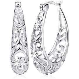 Milacolato 925 Sterling Silver Hoop Earrings for Women 18K White Gold Plated Textured Filigree Oval Hoop Earrings Lightweight & Hypoallergenic Vintage Hoop Earrings