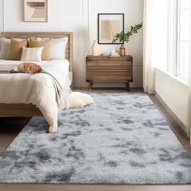 Garvee 8x10 Shag Rug for Living Room Tie-Dyed Fluffy Rug Non-Slip Modern Solid Color Bedroom Throw Carpet Ultra Soft Nursery Rug Plush Faux Fur Area Rug for Home Decor Bedside Girls Boys, Light Grey