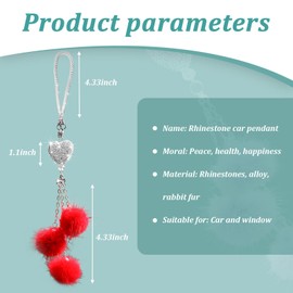 Ziciner Bling Diamond Heart Interior Accessories, Mirror Hanging Ornament for Women, Love Heart & Pink Plush Ball Decor Pendant, Car Decoration Charm (Red)
