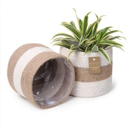 Eco Living Jute Planter Basket -Sustainable Woven Rope Covers for Decorating Indoor/Outdoor Plants Pots 6.5x6.5x6 Inches Ideal Size for 6" Planter-Multi-Purpose Storage Set of 2 White & Natural Jute