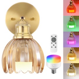 VOLISUN Vintage Battery Operated Wall Sconce,with Amber Tulip Glass Lampshade, Wireless Wall Sconce, Rechargeable Battery Powered Wall Light, Sconce Wall Decor for Bedroom Living Room