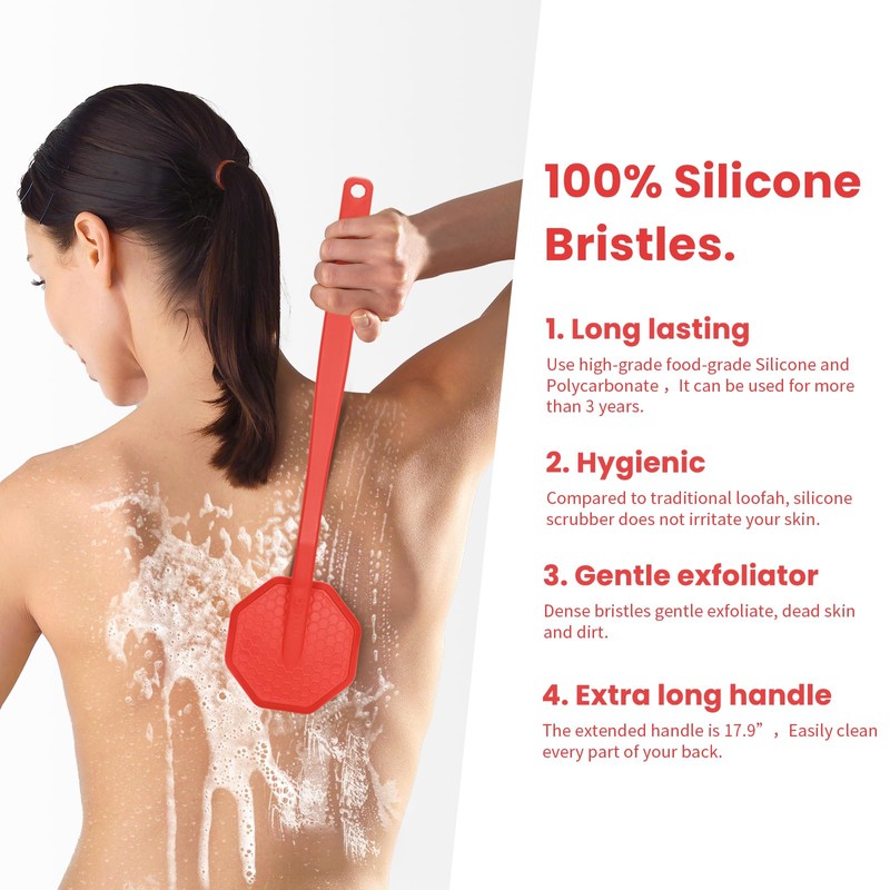 iTOKGOK Silver-Infused Silicone Back Scrubber with Long Handle Back Brush