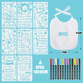 BOOMTOP French 8pcs Baby Bibs for Painting Triangle Cloth Baby Bibs Cotton with 8 Painting Stencils and 13 Pens, french