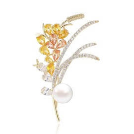 14K Gold Handcrafted Wheat Ear Flower Brooch, Adorned with Natural Gemstones and Pearl, Sophisticated Women's Jewelry, Perfect Birthday and Special Occasion Gift (Yellow)