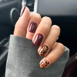 Square Short Press on Nails Fall Fake Nails Glossy Acrylic Nails Burgundy Nails Press ons with Autumn Leopard Designs Short Medium Glue on Nails for Girls Women Manicure 24Pcs