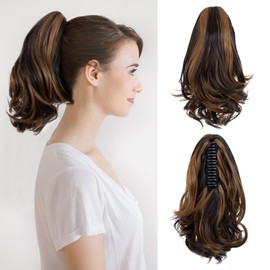 SLEEKALON 12 Inch Short Curly Claw Clip Hair Ponytail Extension Fake Ponytail Instant Updo Wavy Synthetic Hairpiece Clip On Ponytails for Women Dark Brown P Light Brown