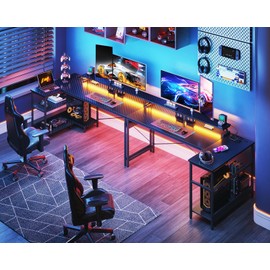 ODK 66 Inch Gaming Desk with USB Charging Ports and LED Lights, Reversible L Shaped Computer Desk with Storage Shelves & Monitor Stand, Corner Gamer Desk Table with Power Outlets, Black