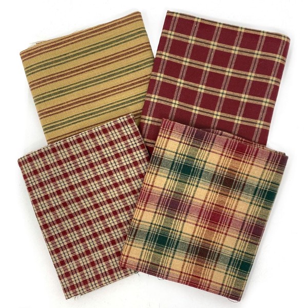 Set of 4 Fat Quarters, Vintage Christmas Red & Green Assorted Plaid Gingham Homespun Cotton Bundle by JCS