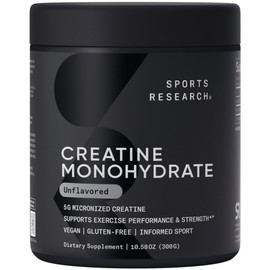Sports Research Creatine Monohydrate - Gain Lean Muscle, Improve Performance and Strength and Support Workout Recovery - 5 g Micronized Creatine - 10.58 oz