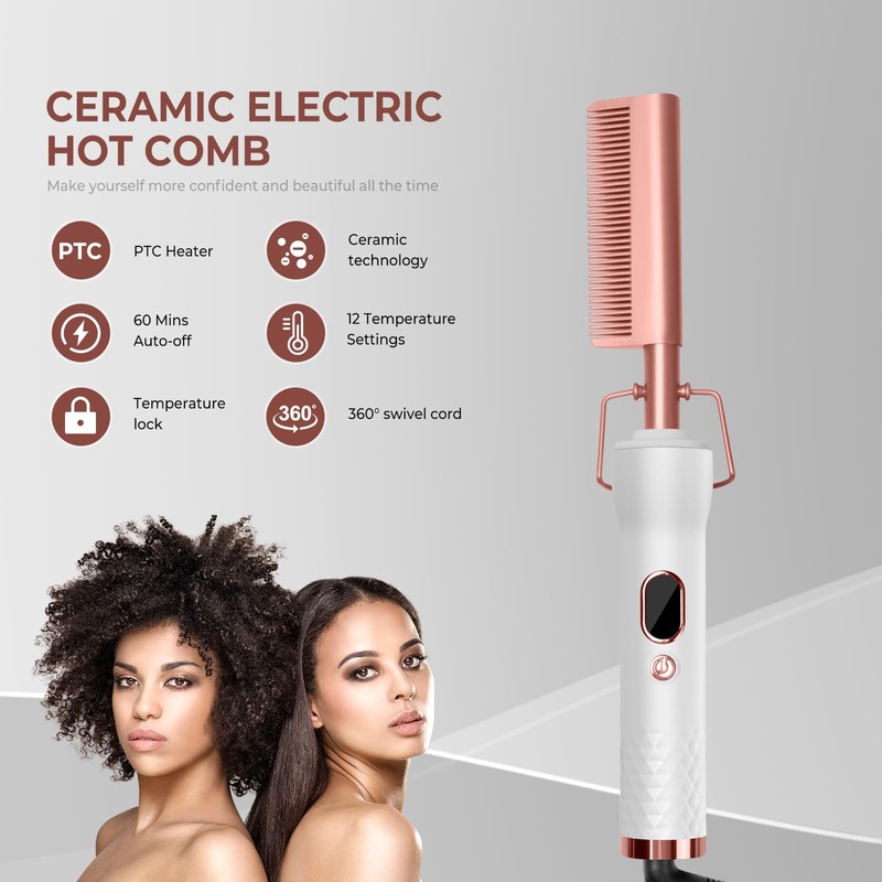 Hot Comb for Wigs Human Hair,Curling Iron with 12 Temp