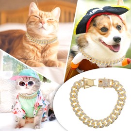 QESSUVNC Puppy Chain Gold Chain Cat Collar Gold 50cm/20in Dog Collar Gold Dog Chain Collar Diamond Cuban Collars Walking Metal Chain Collar with Design Secure Buckle Pet Cuban Crystal Jewelry Collar