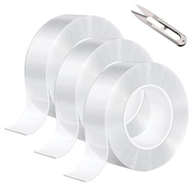 LSXD Cinta Doble Cara Extrafuerte, 3 Rollos 5M Nano Tape con Tijera, Adhesivos Doble Cara Transparente, Reutilizable y Lavable, Ideal para Pared, Coci