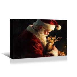 Christmas Canvas Murals Horse Drawn Sleds Santa Claus Christmas Trees Rural Style Home Decor Hanging Paintings Decorationscolor: Brown, size: 32*24in